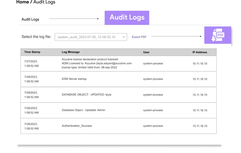 Audit log page displaying detailed logs of masking activities, compliance templates, and real-time reporting features.