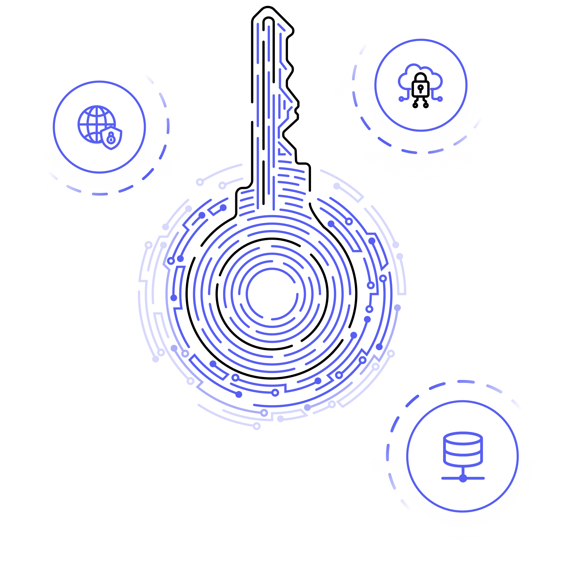 A circular graphic featuring three distinct icons arranged within the circle, symbolizing cybersecurity concepts.