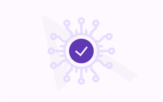 Purple verification badge with a white checkmark in a circular hub and circuit-like spokes around it on a pale background, representing verified status.