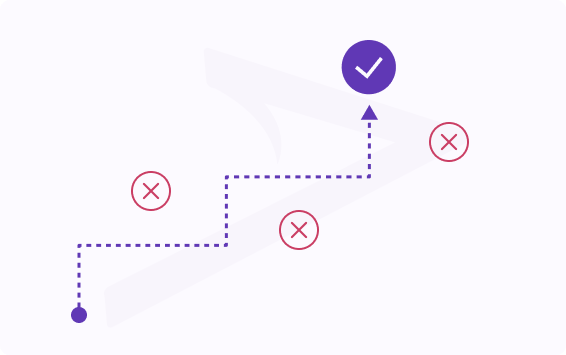 Dotted purple path ascends from a dark dot to a purple checkmark, dodging several red X marks along the way.