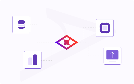 Abstract data workflow diagram: central diamond connects to a database, a processor chip, a chart, and an upload icon.