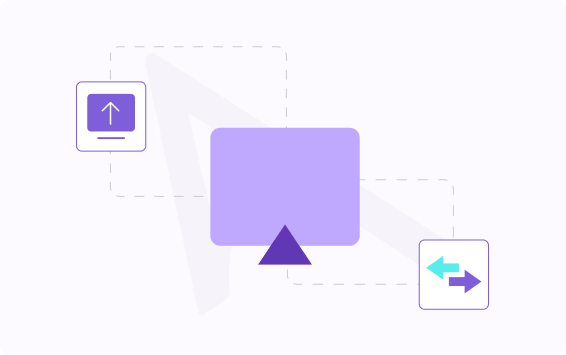 Abstract drag-and-drop transfer diagram with a central purple square and helper icons for upload and transfer on the sides.