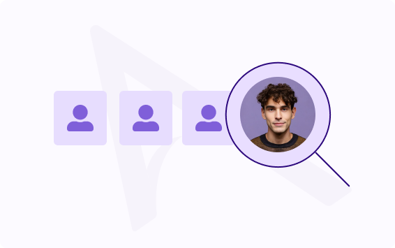 A magnifying glass highlights a portrait among several purple user icons, representing candidate search or recruitment.