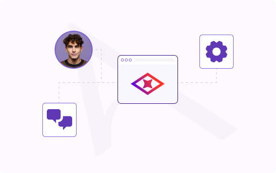 User avatar connected by dotted lines to a central web app window displaying a logo, with chat and settings icons around it.